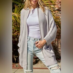 Open Front Cuffed Longline Cardigan with Pockets Gray